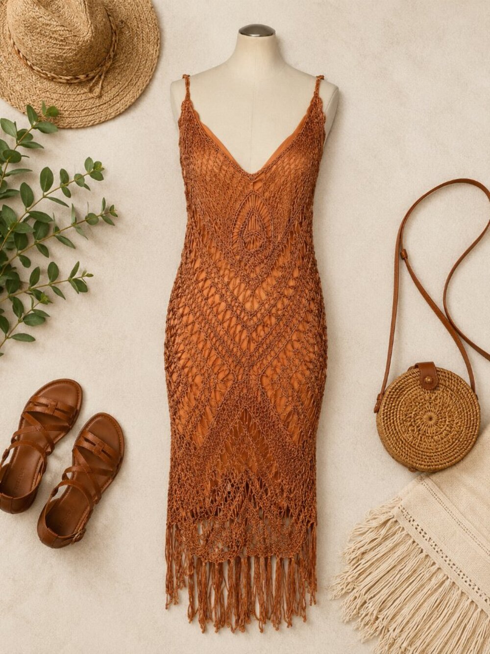 Ashley Stewart 2X Crochet Macrame Midi Dress Brown Fringe Boho Festival